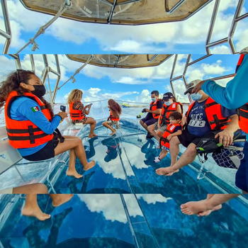 lancha transparente fondo de cristal en cozumel para hacer snorkel y el barco hundido desde cancun y playa del carmen